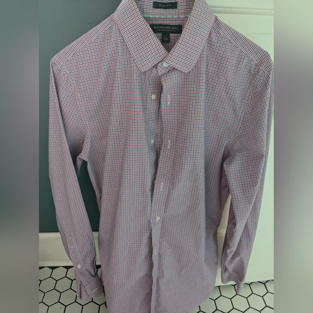 Banana Republic Red Blue Plaid Slim Iron Free Dress Shirt Size Small